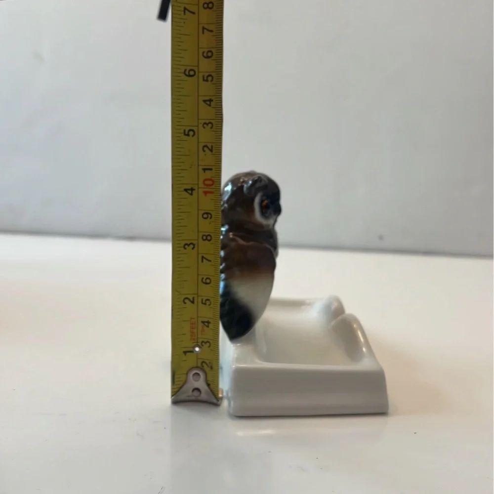 Hand Painted Figurine Porcelain Owl on Book Ring Tray, Germany